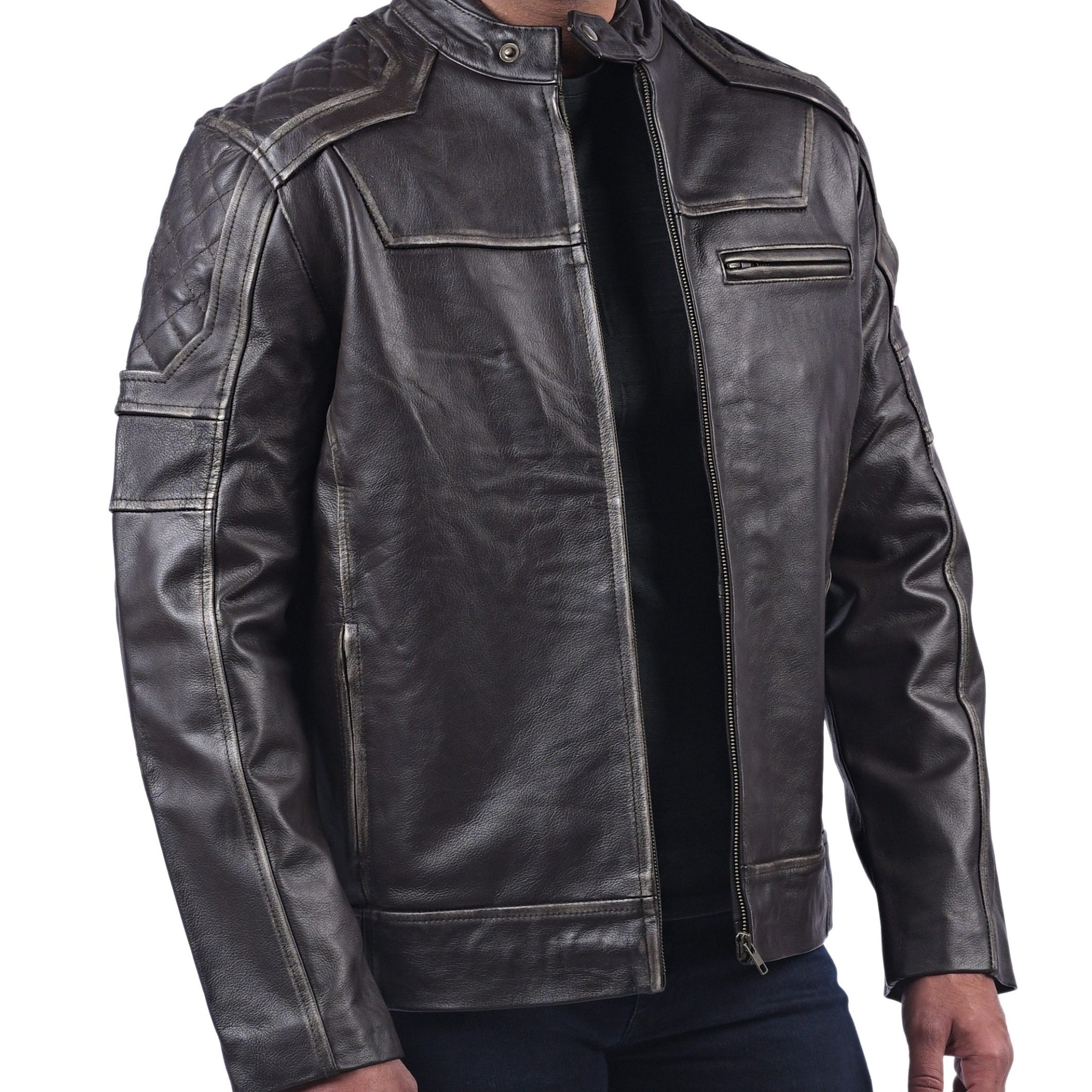 Men’s black distressed cowhide leather jacket with front zipper and rugged texture


