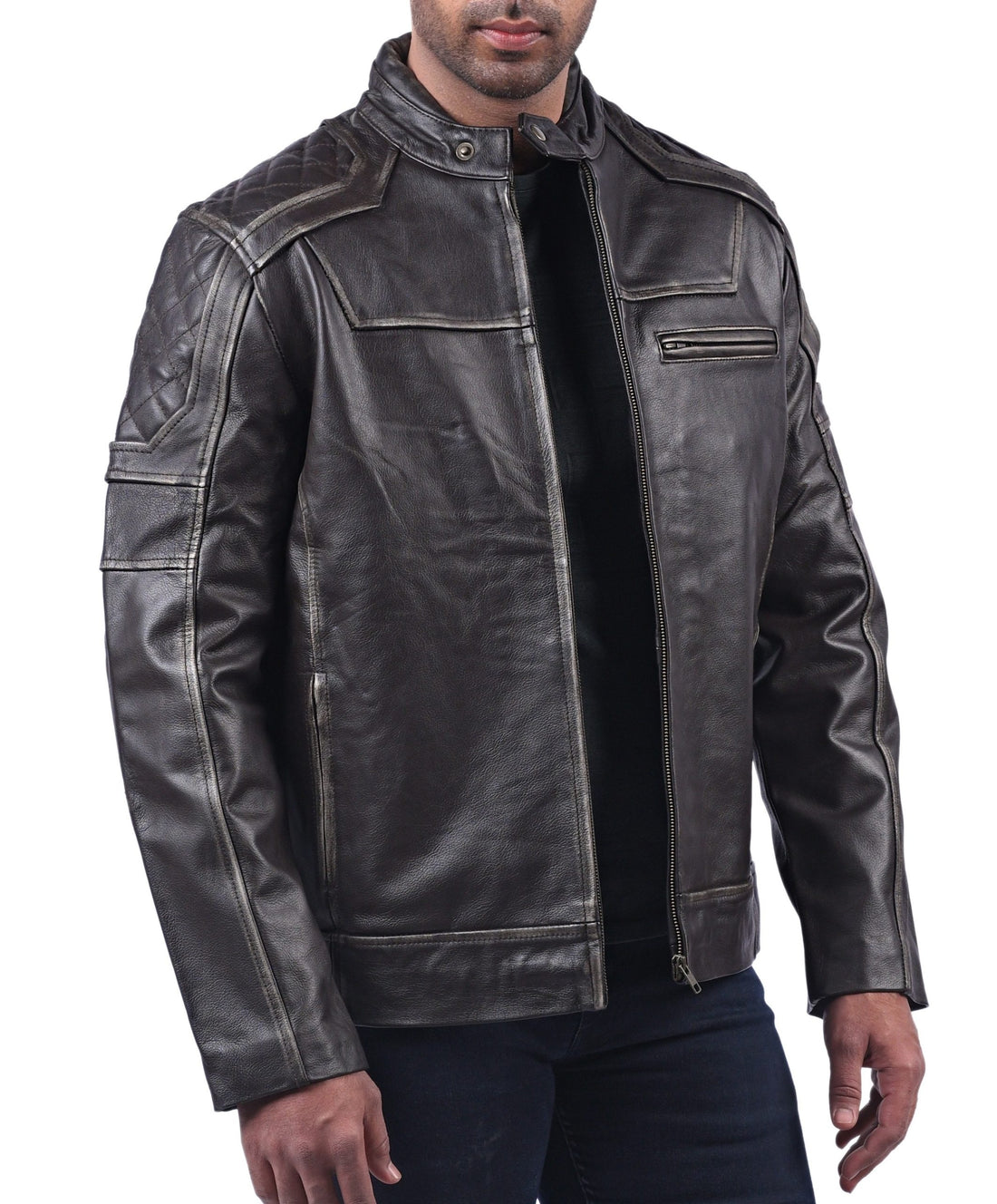 Men’s black distressed cowhide leather jacket with front zipper and rugged texture

