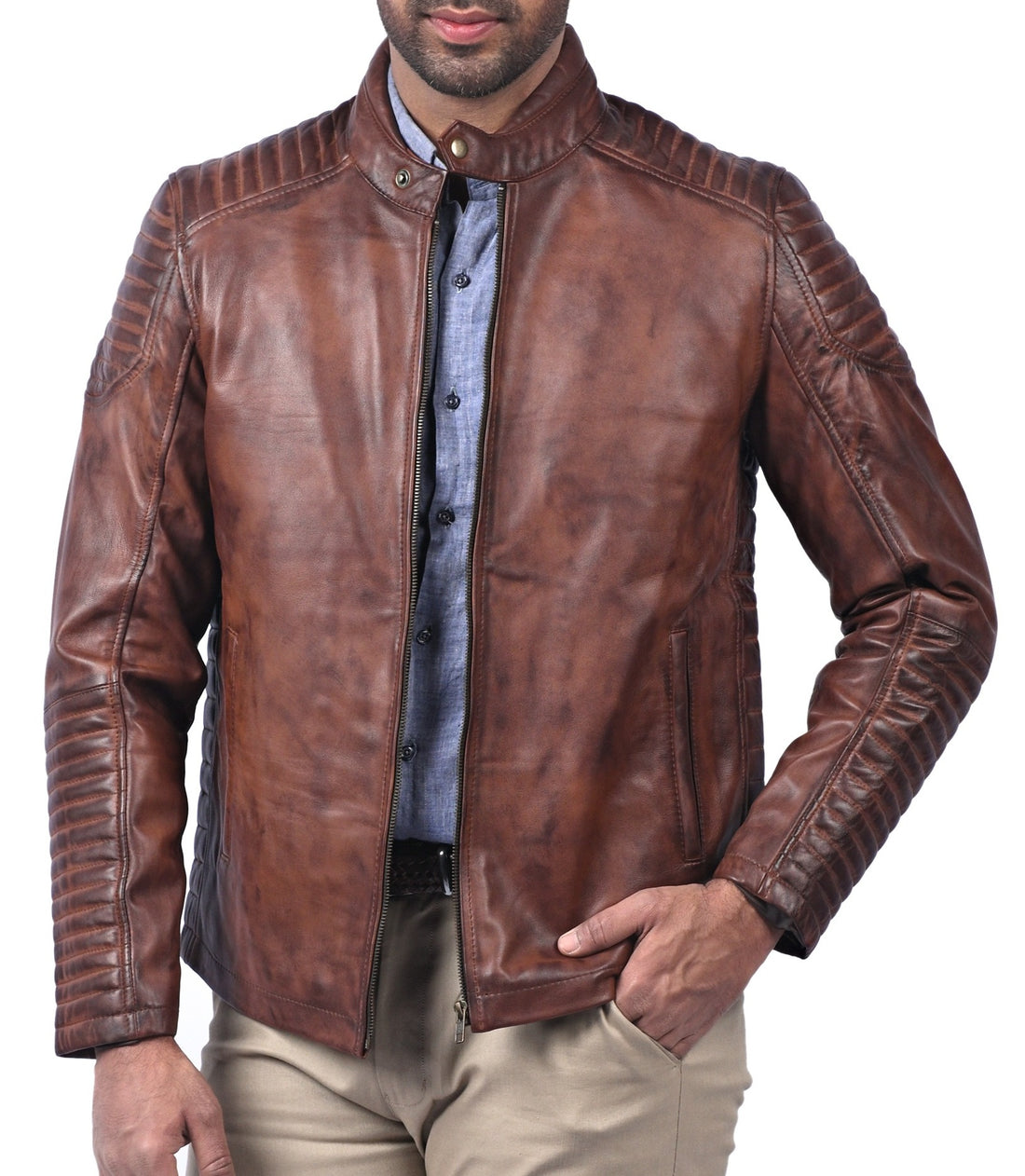 Men’s classic brown waxed real leather jacket with front zipper and multiple pockets


