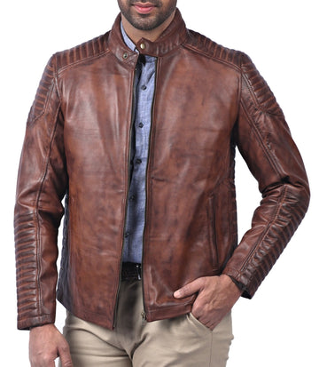 Men’s classic brown waxed real leather jacket with front zipper and multiple pockets

