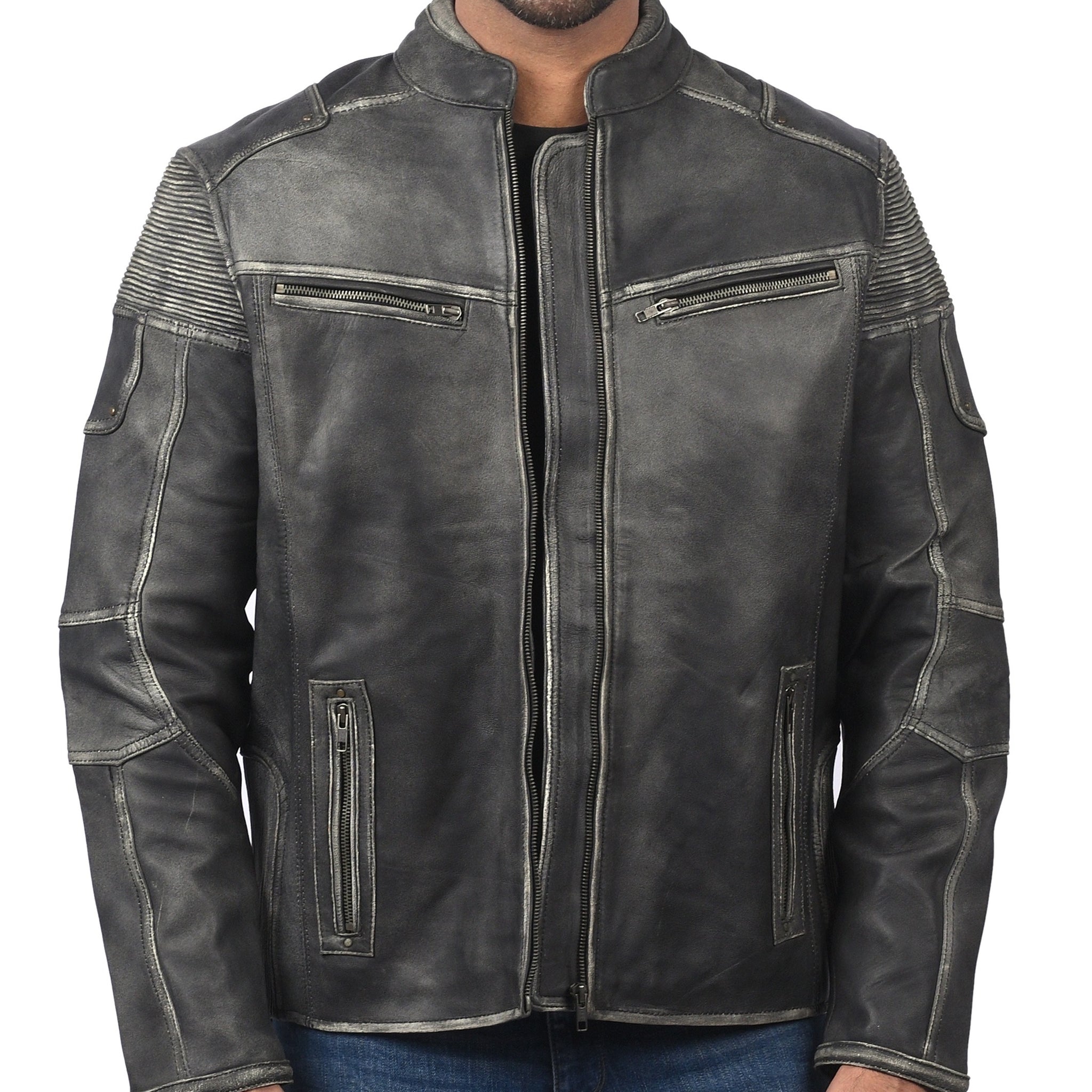 Men’s distressed gray cafe racer leather jacket with front zipper and slim fit

