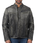 Men’s distressed gray cafe racer leather jacket with front zipper and slim fit

