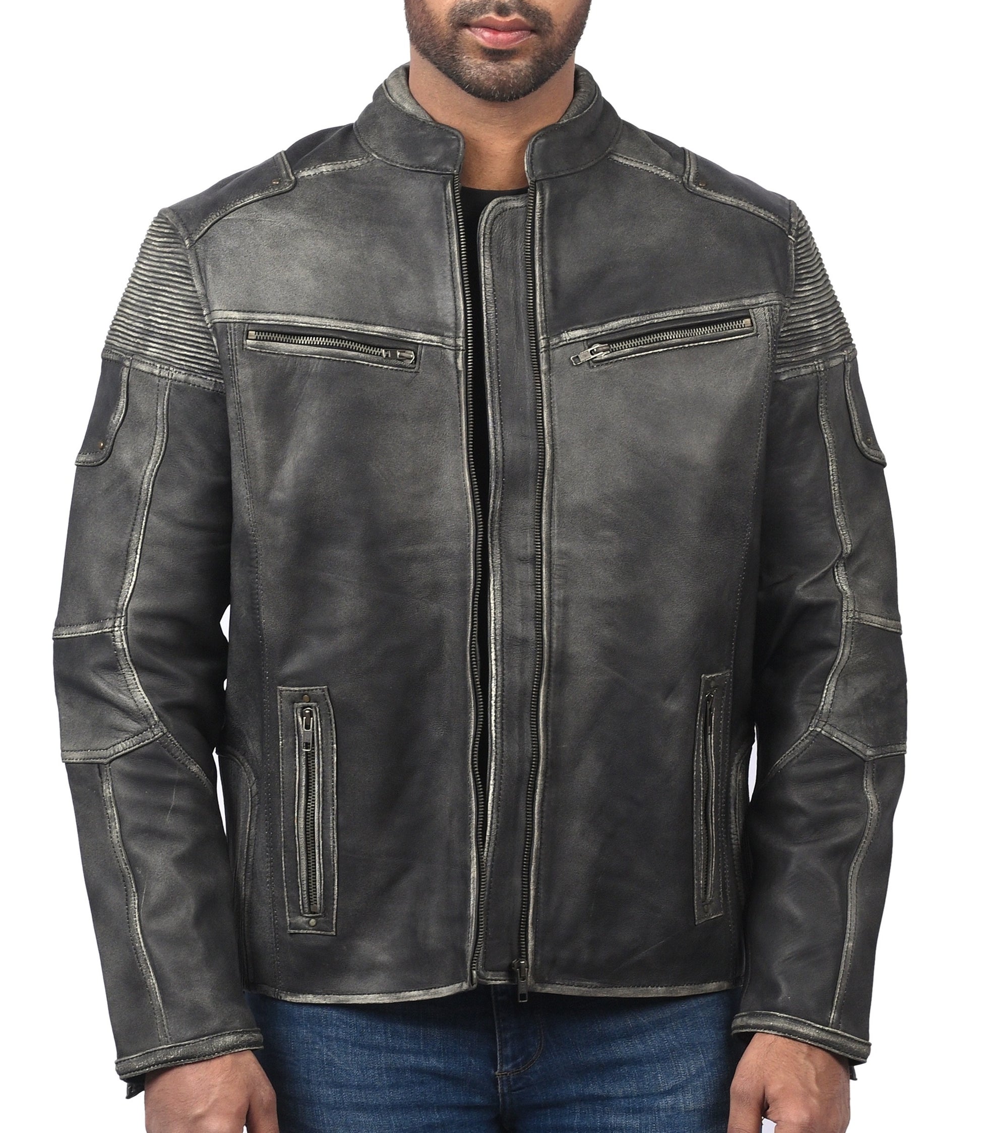 Men’s distressed gray cafe racer leather jacket with front zipper and slim fit

