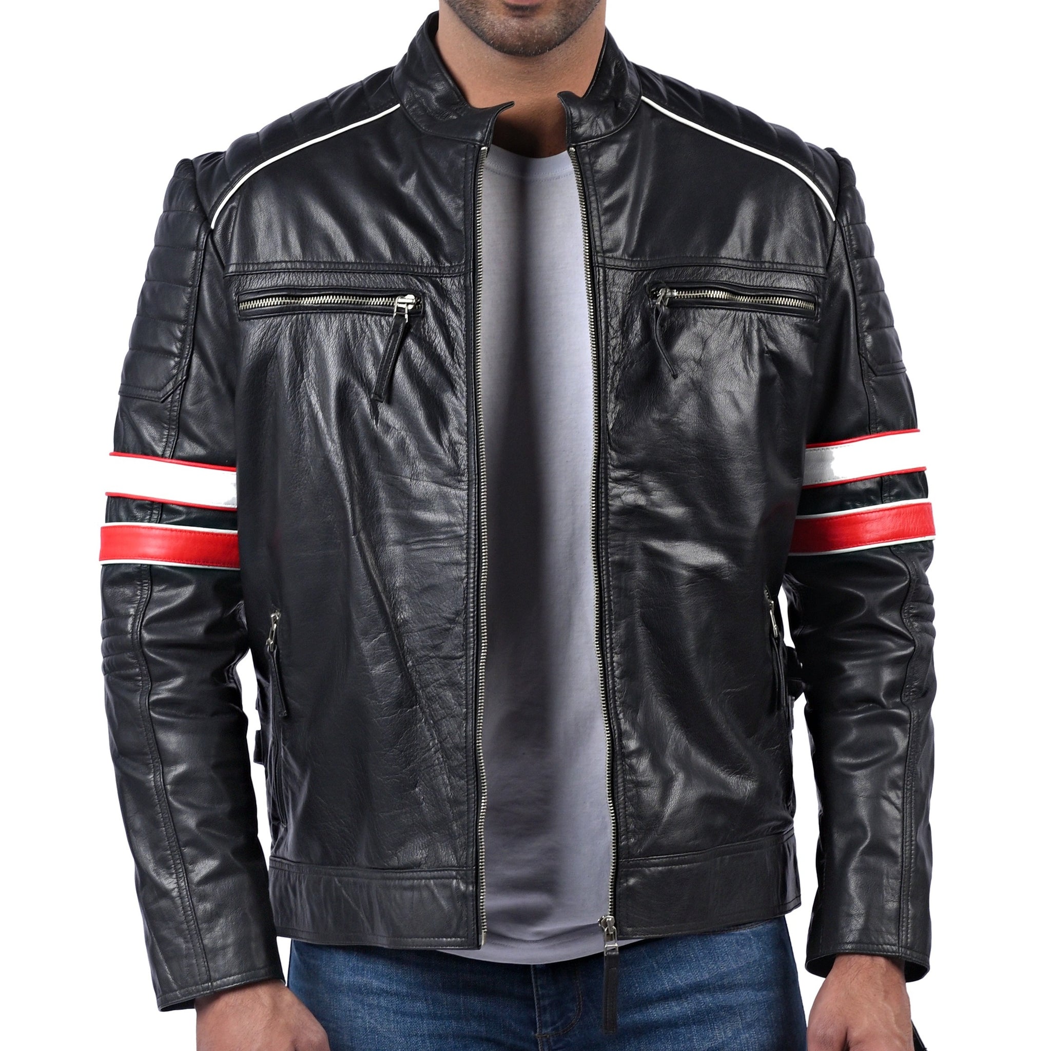 Men’s black biker leather jacket with red, white, and blue multi-stripe sleeve accents

