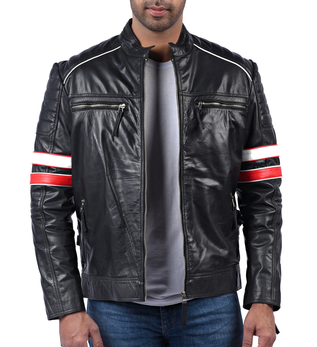 Men’s black biker leather jacket with red, white, and blue multi-stripe sleeve accents

