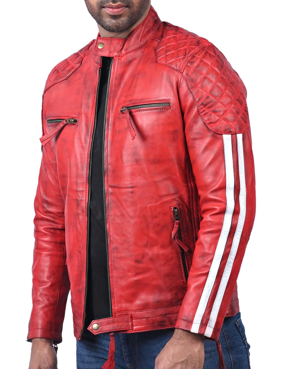 Plymouth men’s red leather biker jacket with asymmetrical front zip and classic lapel collar

