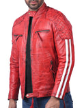 Plymouth men’s red leather biker jacket with asymmetrical front zip and classic lapel collar

