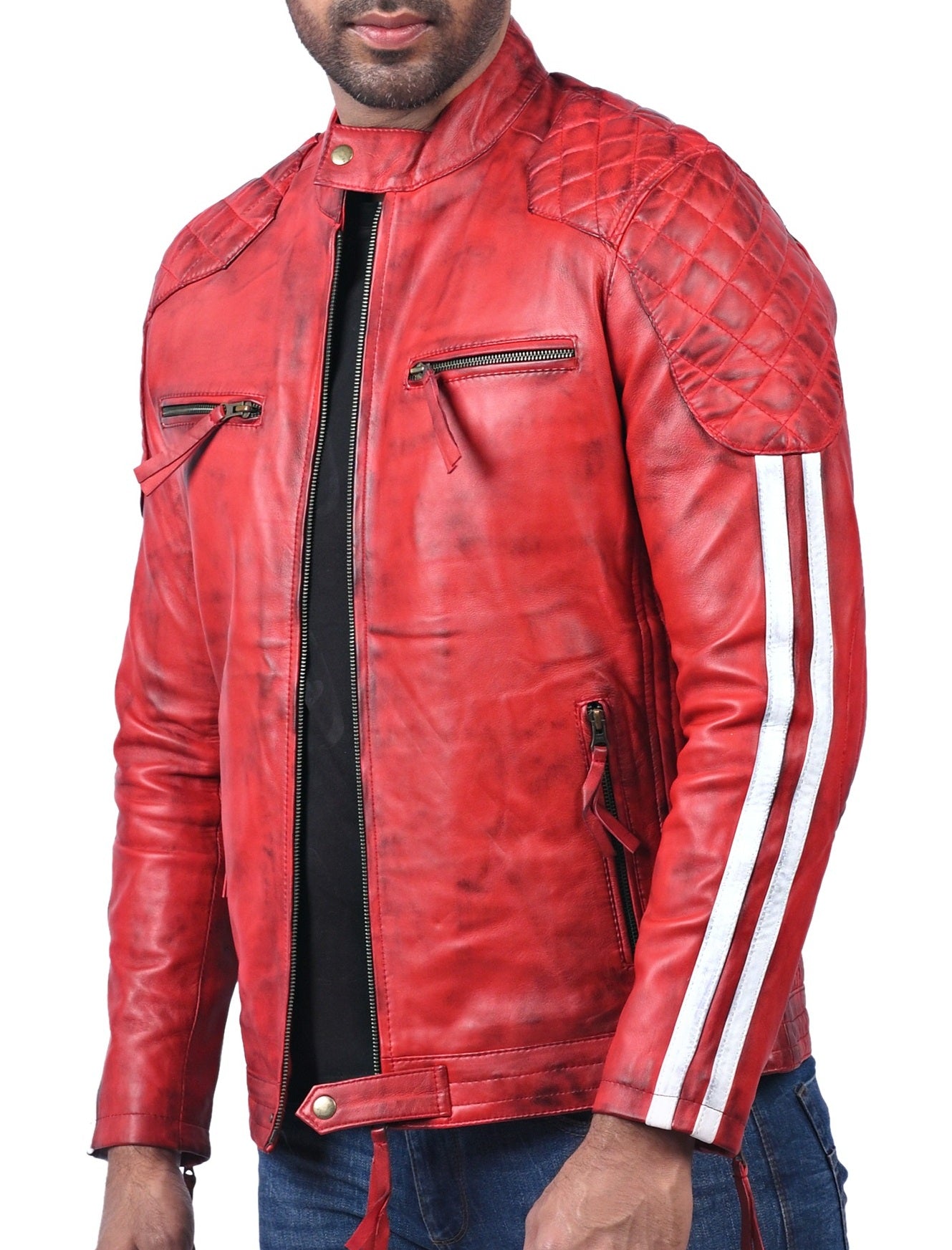 Plymouth men’s red leather biker jacket with asymmetrical front zip and classic lapel collar


