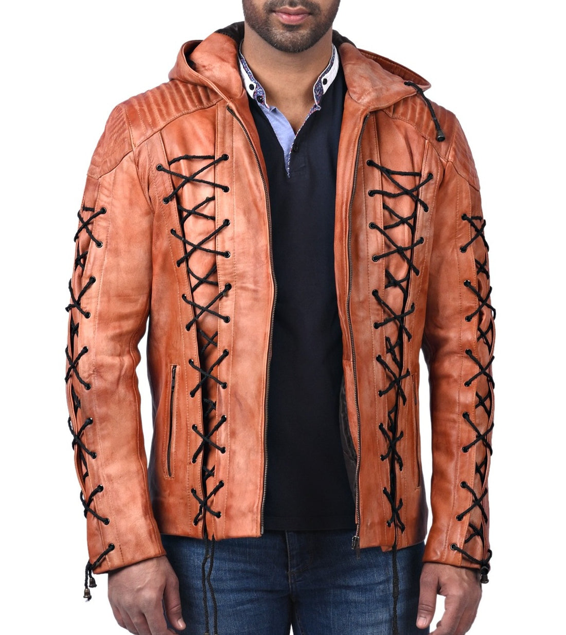 Roy Harper Arrow men’s tan waxed real leather hoodie jacket with front zip closure

