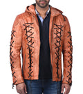 Roy Harper Arrow men’s tan waxed real leather hoodie jacket with front zip closure

