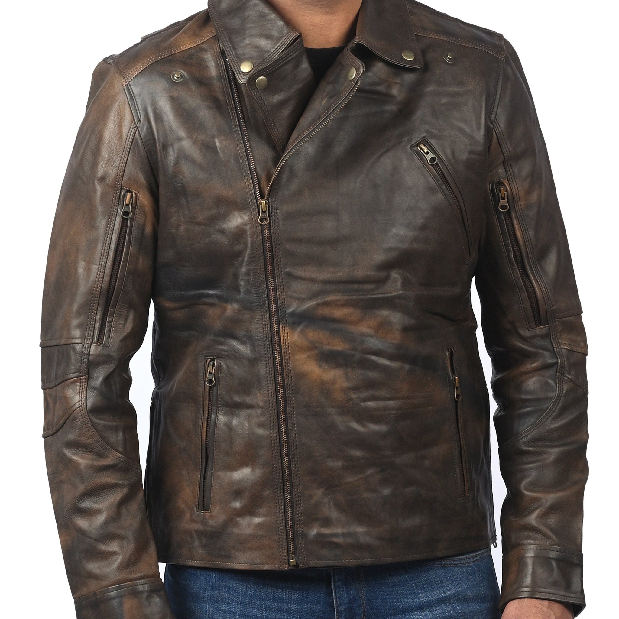 Triple Stitch women’s distressed brown leather jacket with double-breasted front and rugged finish

