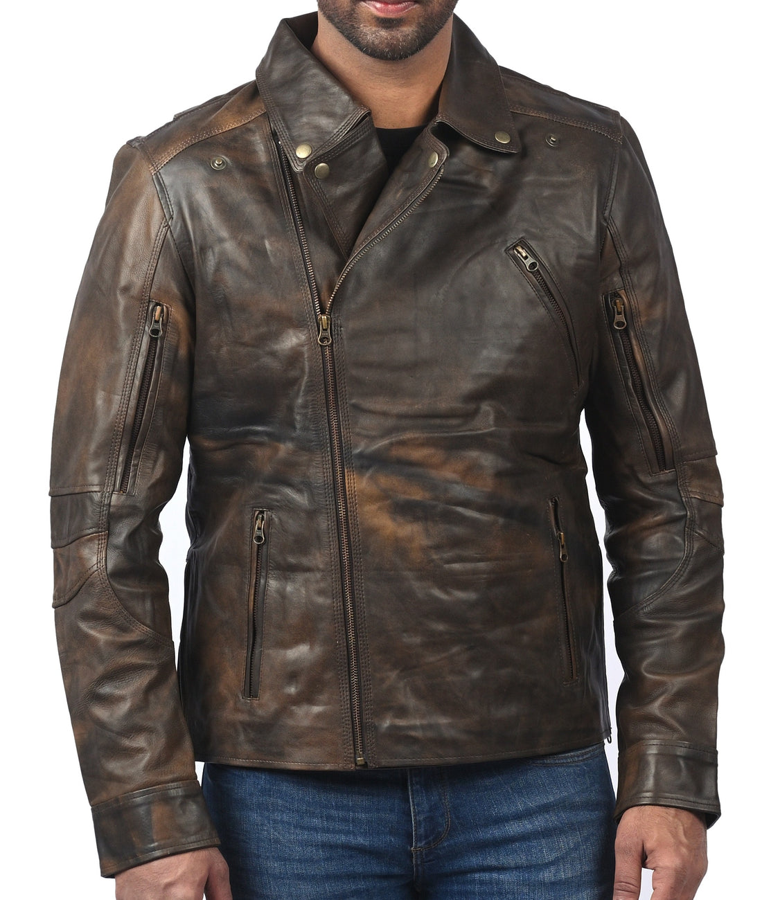 Triple Stitch women’s distressed brown leather jacket with double-breasted front and rugged finish

