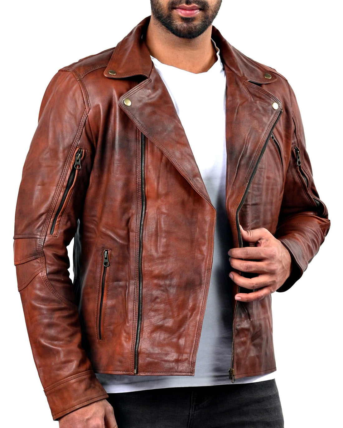 Triple Stitch men’s distressed camel leather jacket with double-breasted front and rugged finish

