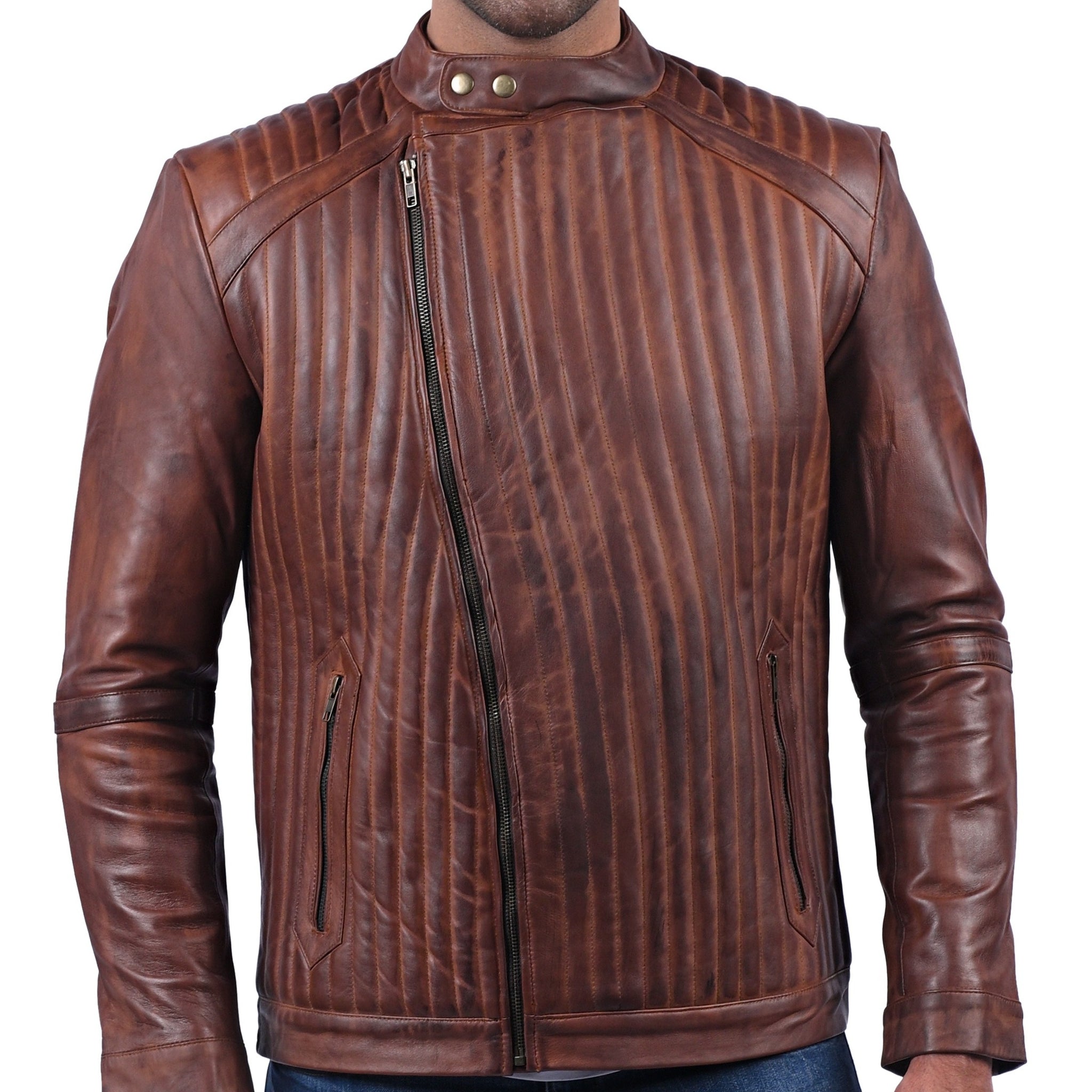 York women’s brown biker jacket with distinctive wavy textured leather design

