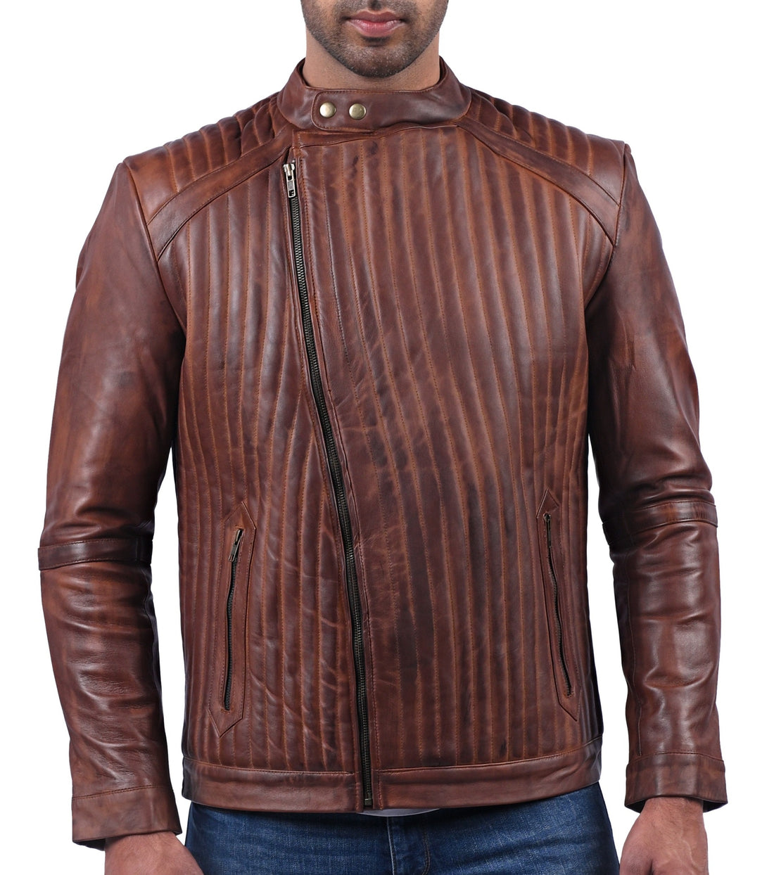 York women’s brown biker jacket with distinctive wavy textured leather design

