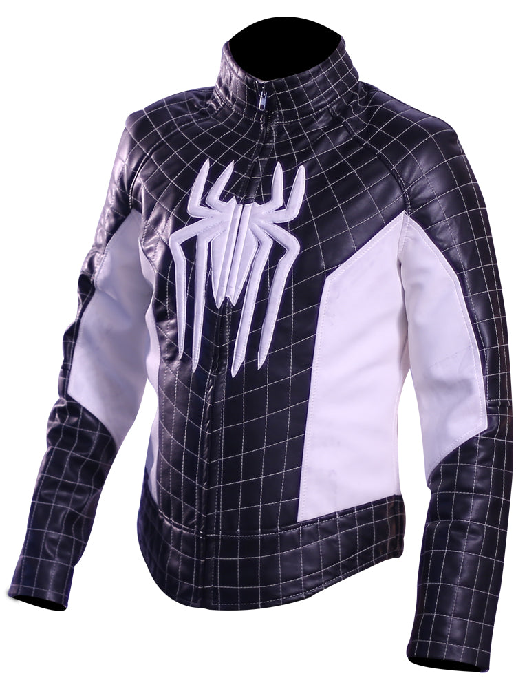 Spider-Man themed genuine leather jacket with red and blue superhero design

