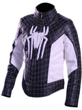 Spider-Man themed genuine leather jacket with red and blue superhero design

