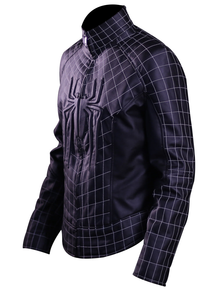 Men’s black real leather jacket with Spiderman-inspired design and spider emblem

