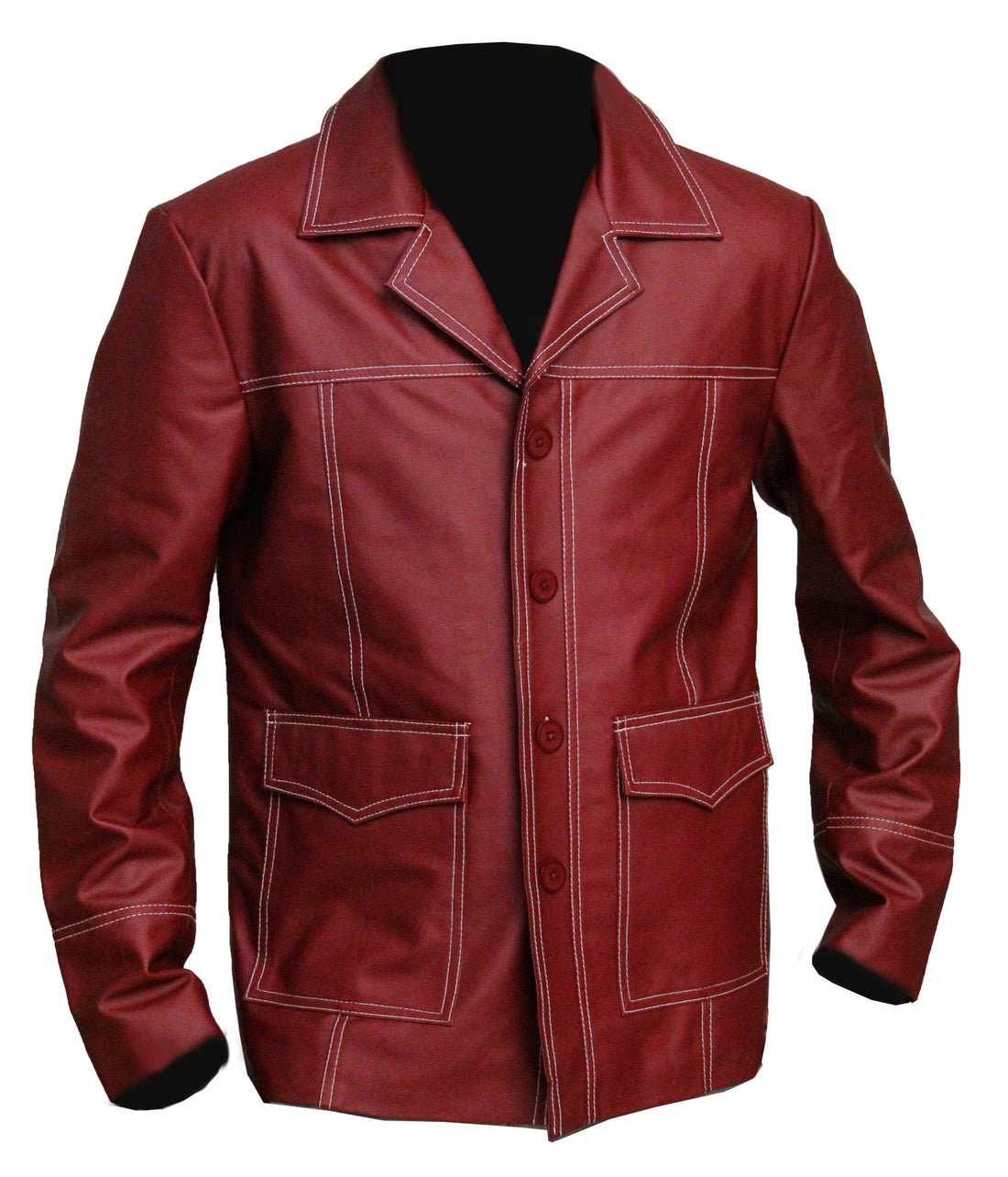 "Tyler Durden Fight Club red leather jacket inspired by Brad Pitt"

"Real leather red movie jacket worn by Brad Pitt in Fight Club"

"Front view of red leather button-up jacket with suit collar"

"T-back style red leather coat from Fight Club movie"

"Brad Pitt Tyler Durden cosplay leather jacket in real leather"