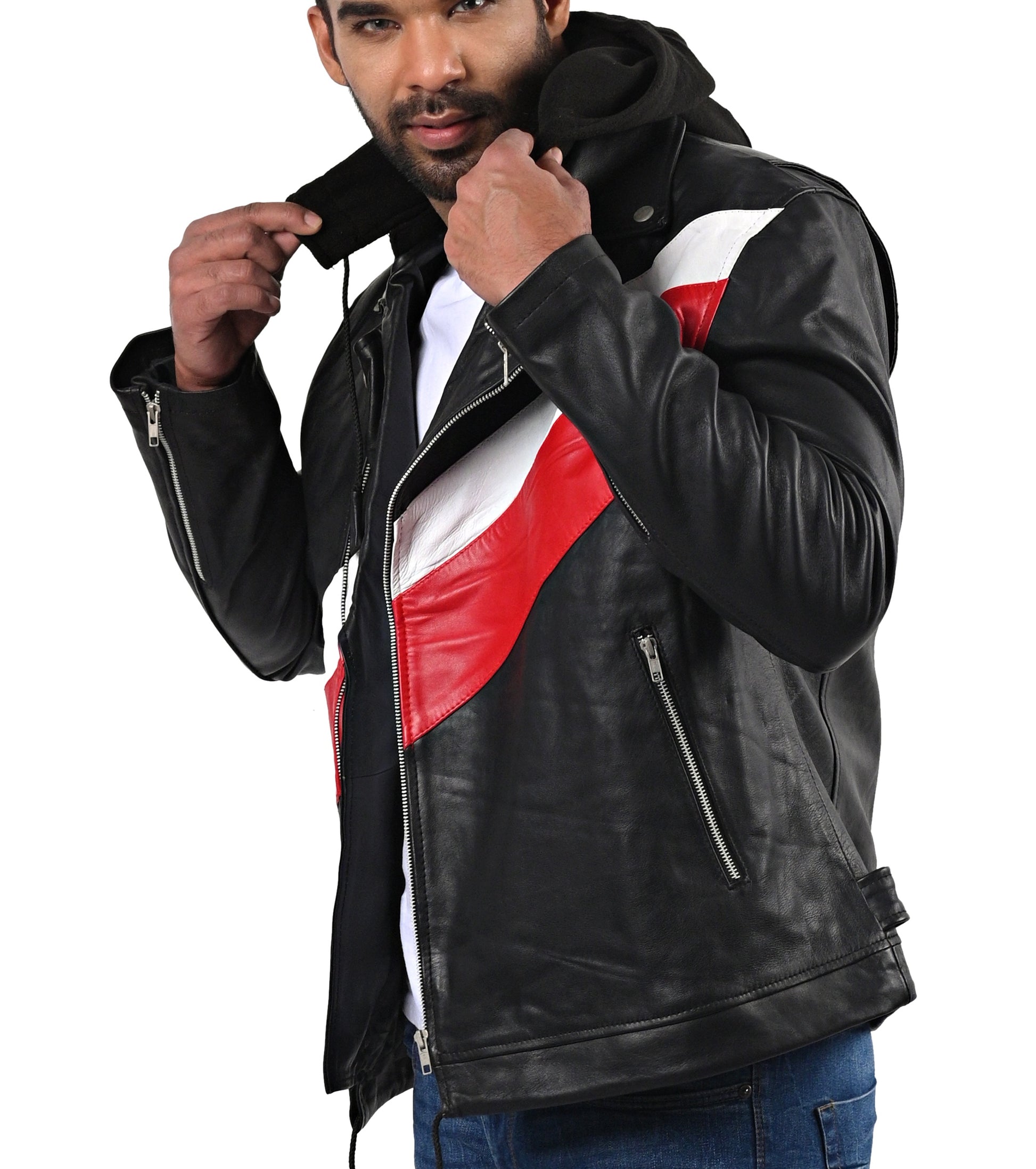 Ross Butler men’s black leather jacket with classic tailored fit and zip front

