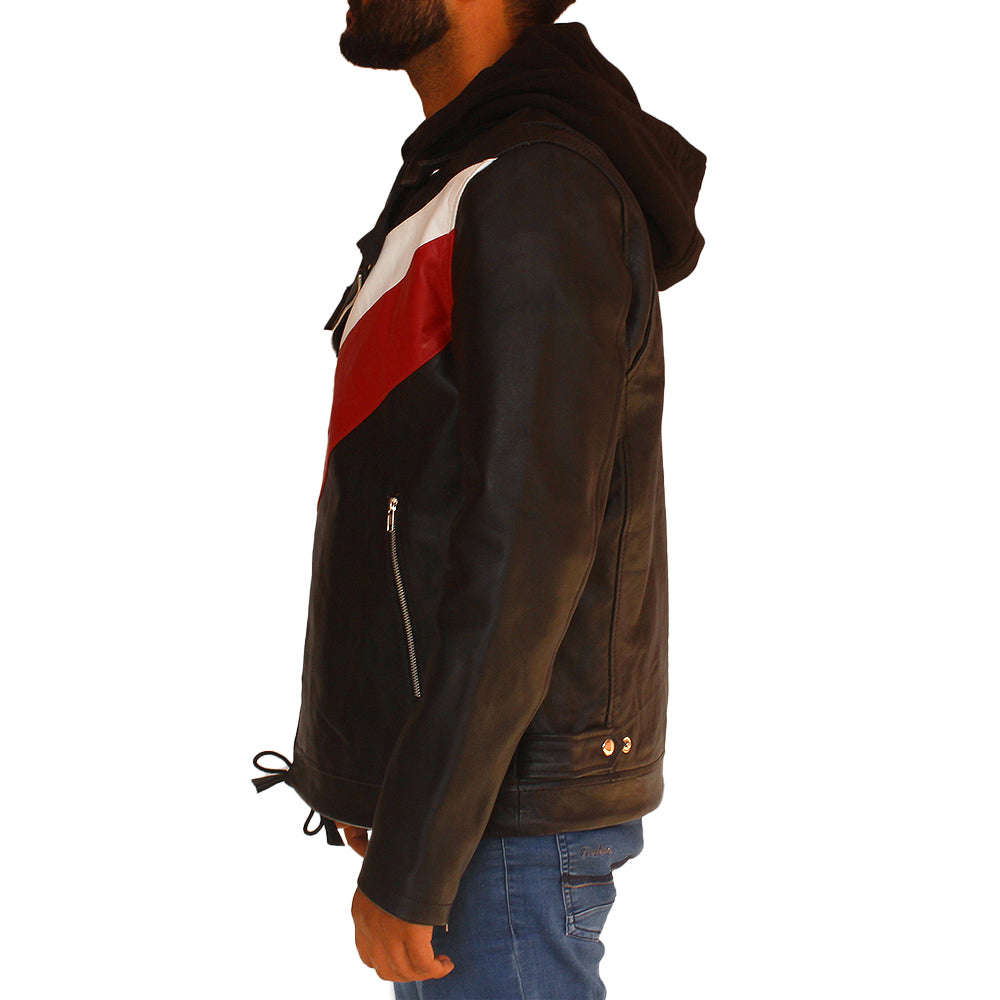 Men’s biker hooded leather jacket with asymmetrical zipper and rugged design

