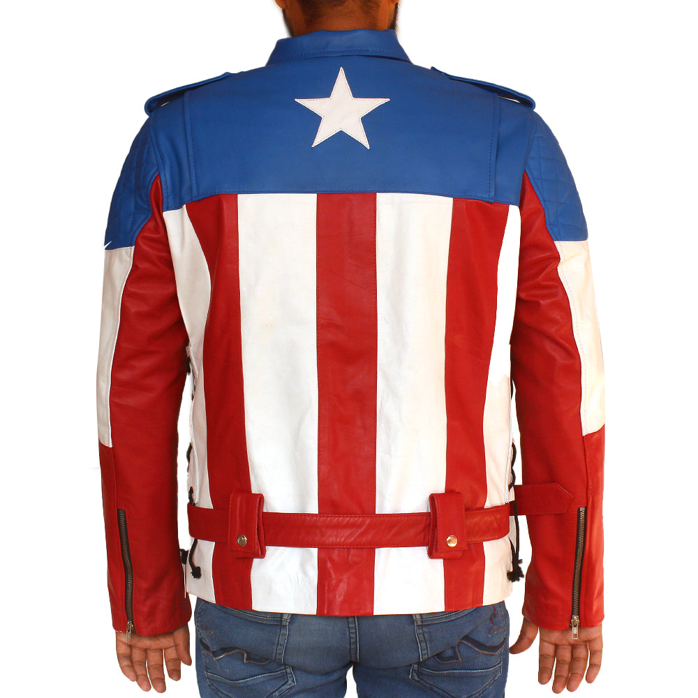 Chris Evans Captain America leather jacket with star emblem and patriotic design

