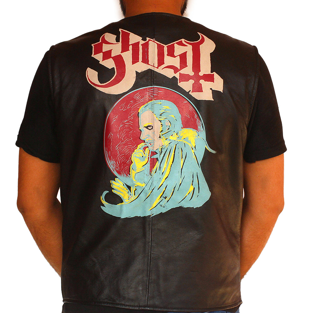 Men’s Ghost black leather vest with front zipper and snap-tab collar

