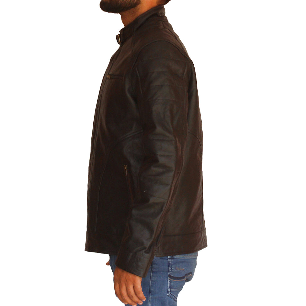 Men’s black motorcycle leather jacket with durable front zipper and classic fit

