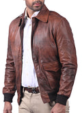 Aviator A2 men’s brown leather pilot bomber jacket with front zipper and flap pockets

