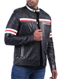 Black men’s quilted leather jacket with stylish modern fit and padded design

