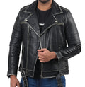 Men’s distressed black biker leather jacket with front zipper and rugged texture

