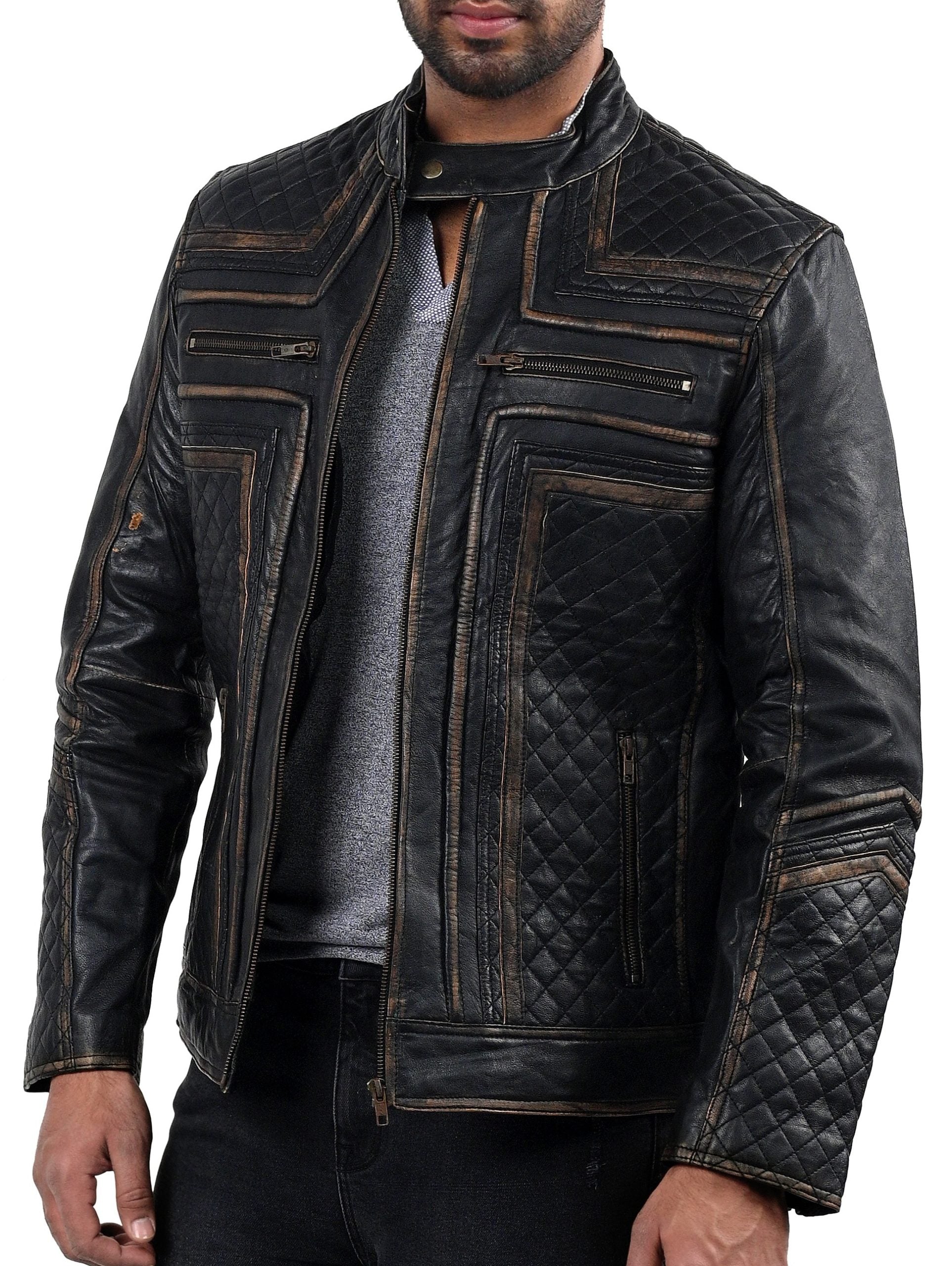 Fast Lemmy black motorcycle leather jacket with front zipper and zippered pockets

