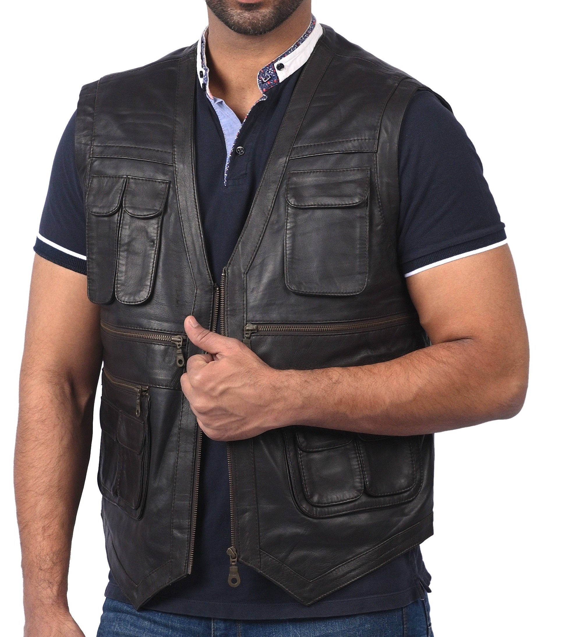 Basingstoke men’s black leather vest with front zipper and zippered pockets

