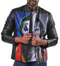 The Joker men’s Halloween leather jacket in black and purple with bold graphic design

