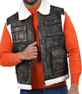 Basildon distressed brown leather aviator vest with fur collar and front zip closure

