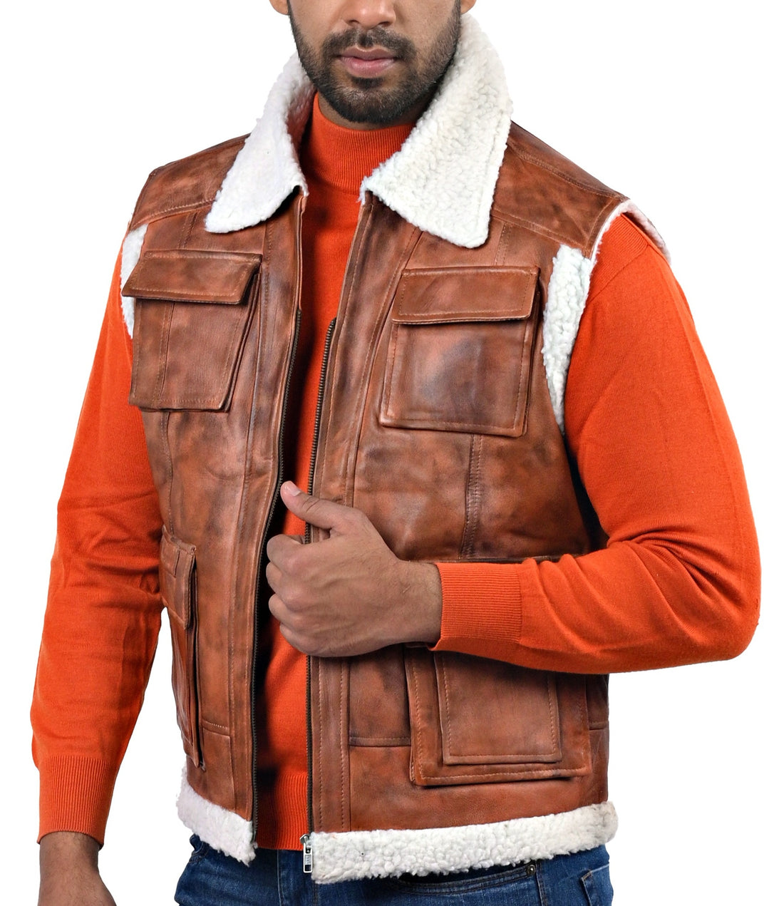 Axbridge aviator vest in tan real leather with front zip closure and shearling trim

