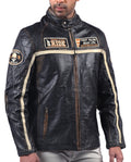 Men’s black leather jacket with beige racing stripes and front zip closure


