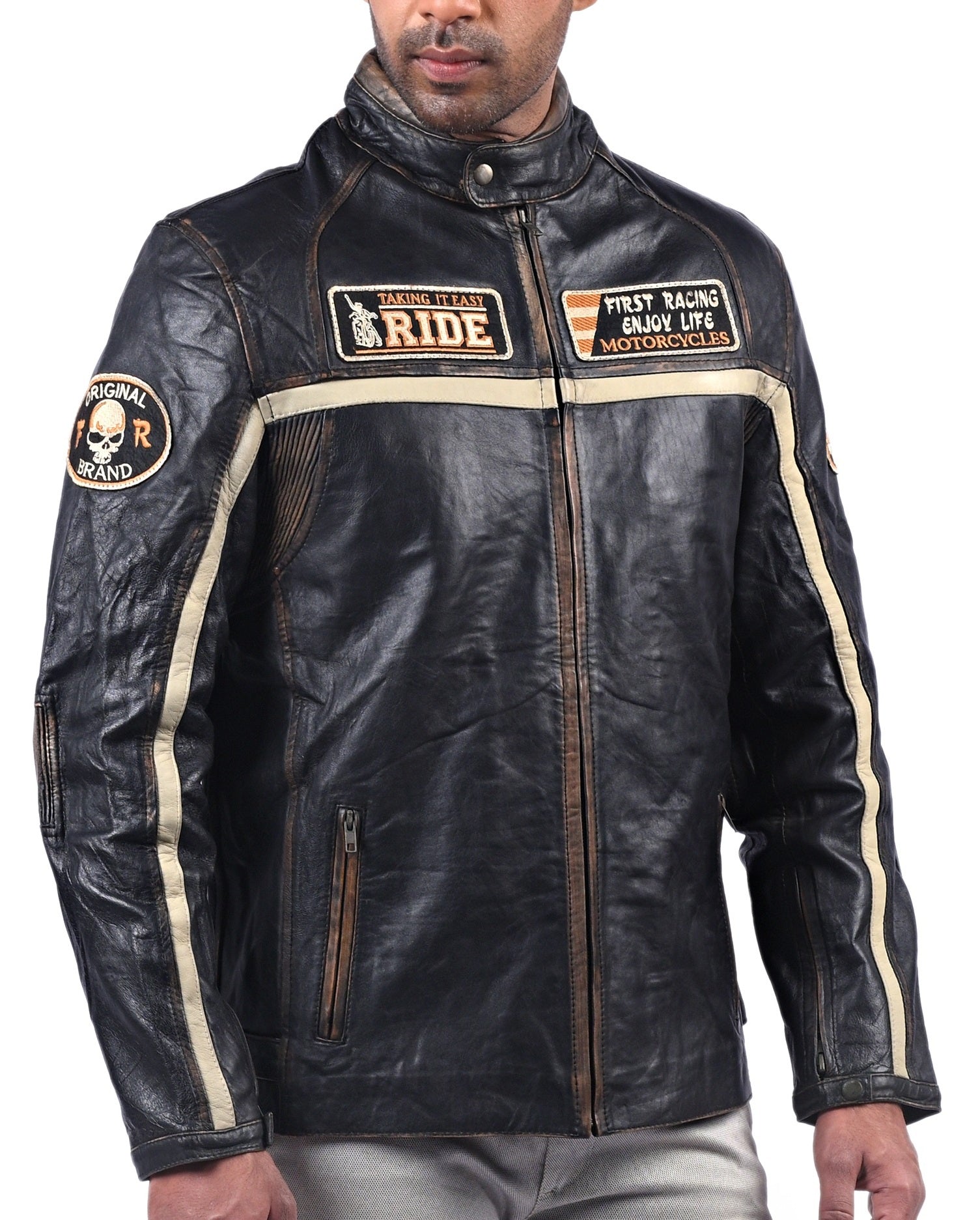 Men’s black leather jacket with beige racing stripes and front zip closure


