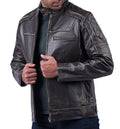 Men’s black distressed cowhide leather jacket with front zipper and rugged texture


