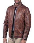 Men’s classic brown waxed real leather jacket with front zipper and multiple pockets

