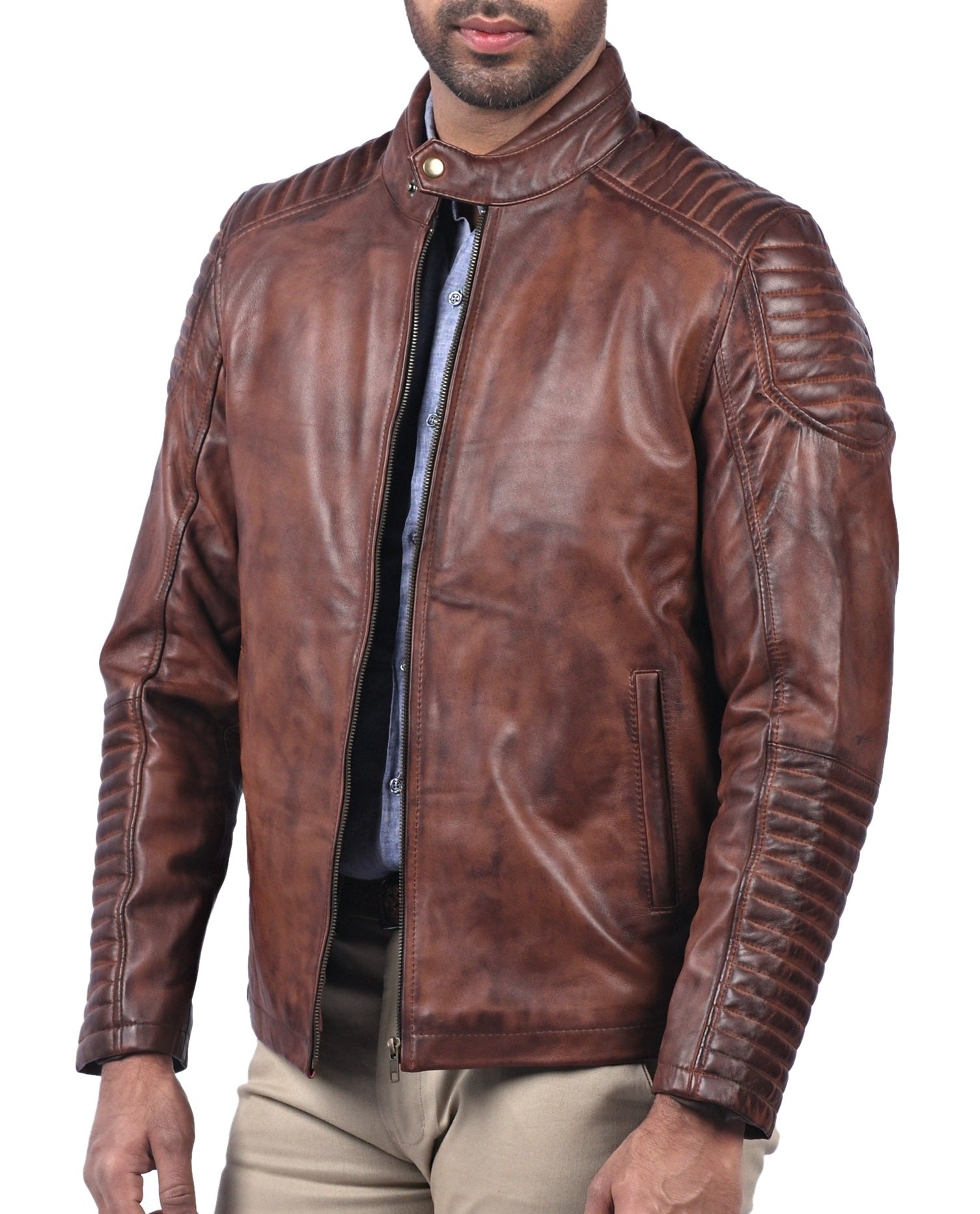 Men’s classic brown waxed real leather jacket with front zipper and multiple pockets

