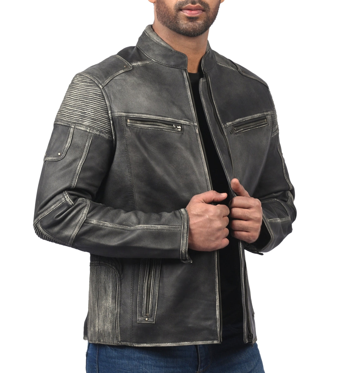 Men’s distressed gray cafe racer leather jacket with front zipper and slim fit

