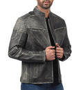 Men’s distressed gray cafe racer leather jacket with front zipper and slim fit

