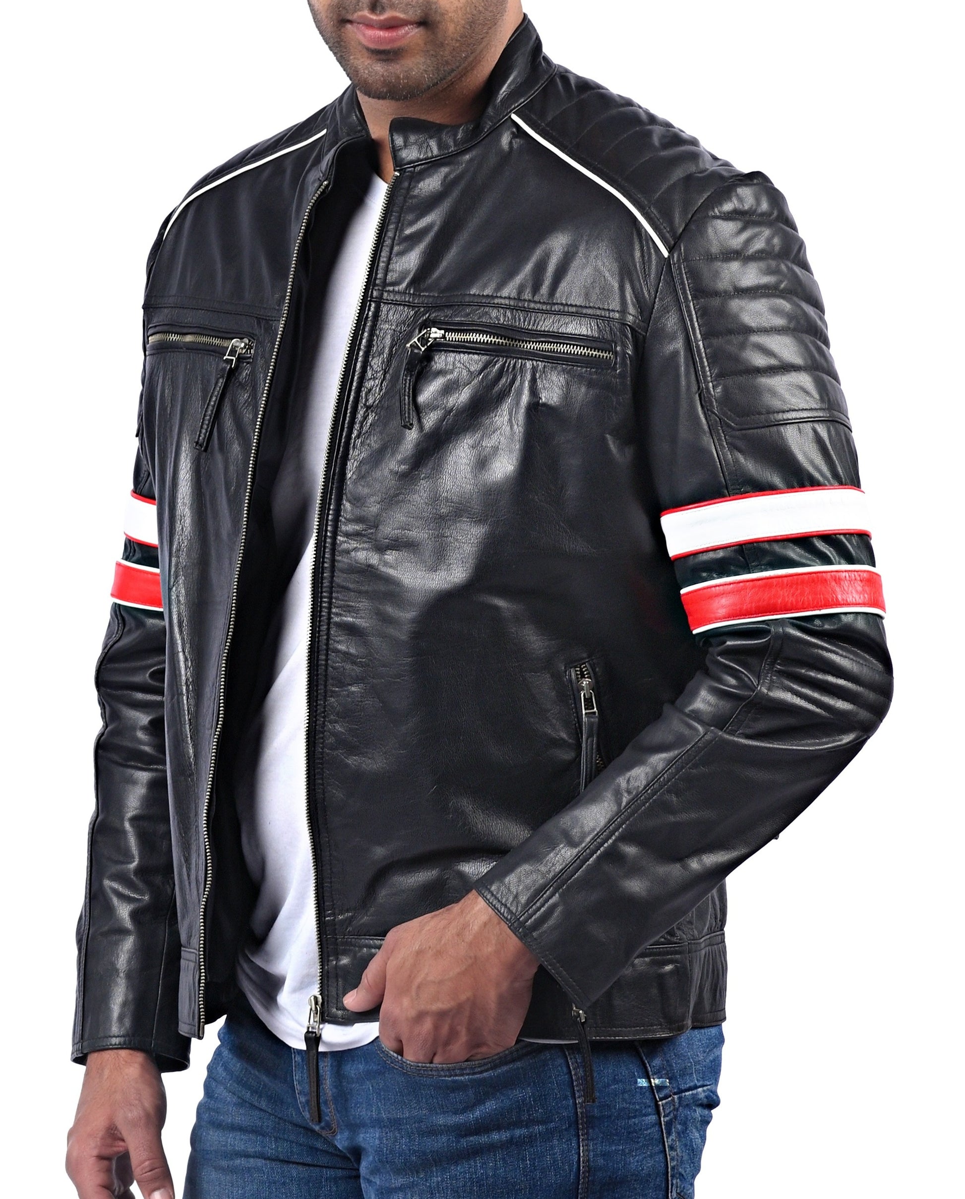 Men’s black biker leather jacket with red, white, and blue multi-stripe sleeve accents

