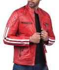 Plymouth men’s red leather biker jacket with asymmetrical front zip and classic lapel collar

