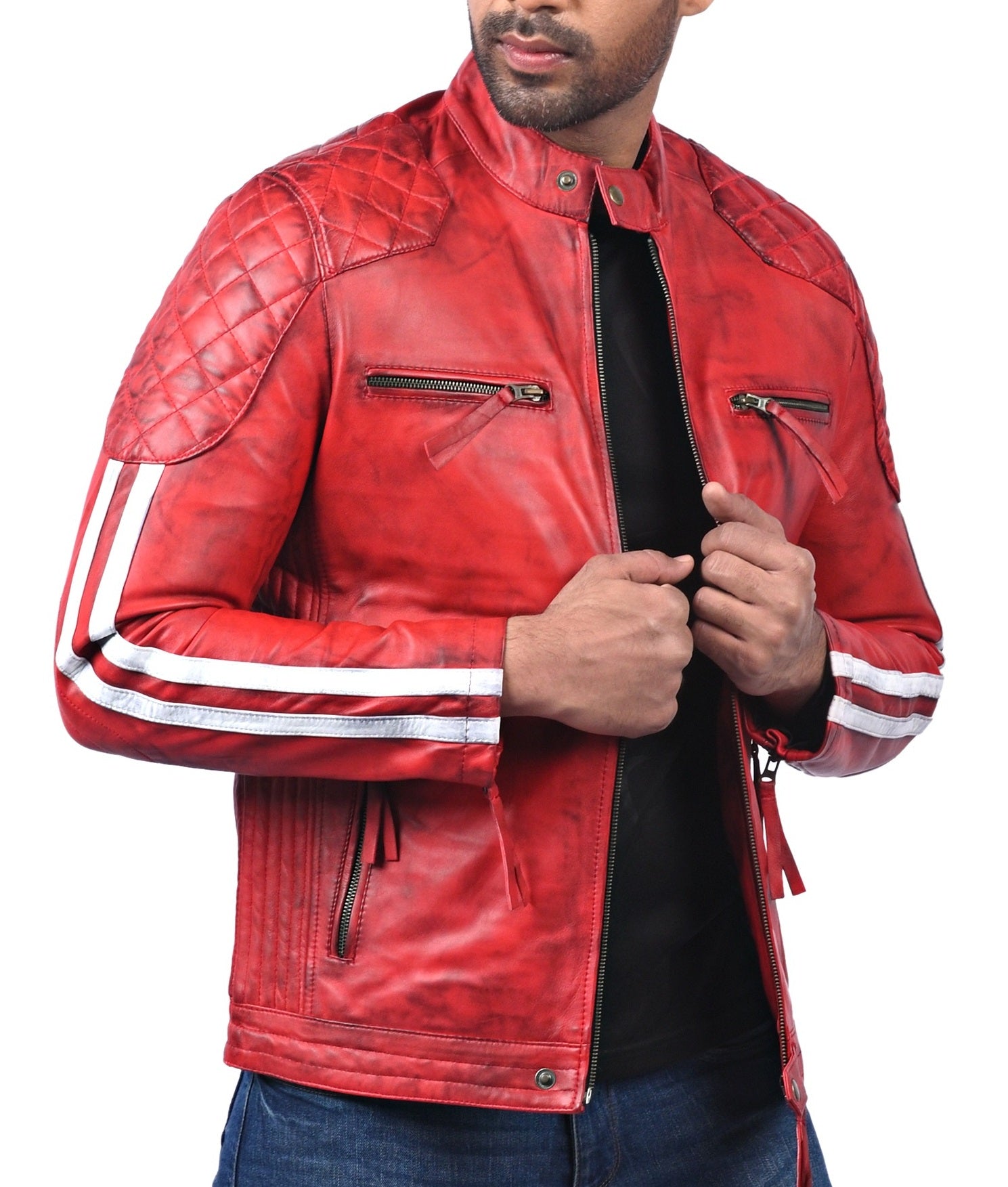 Plymouth men’s red leather biker jacket with asymmetrical front zip and classic lapel collar

