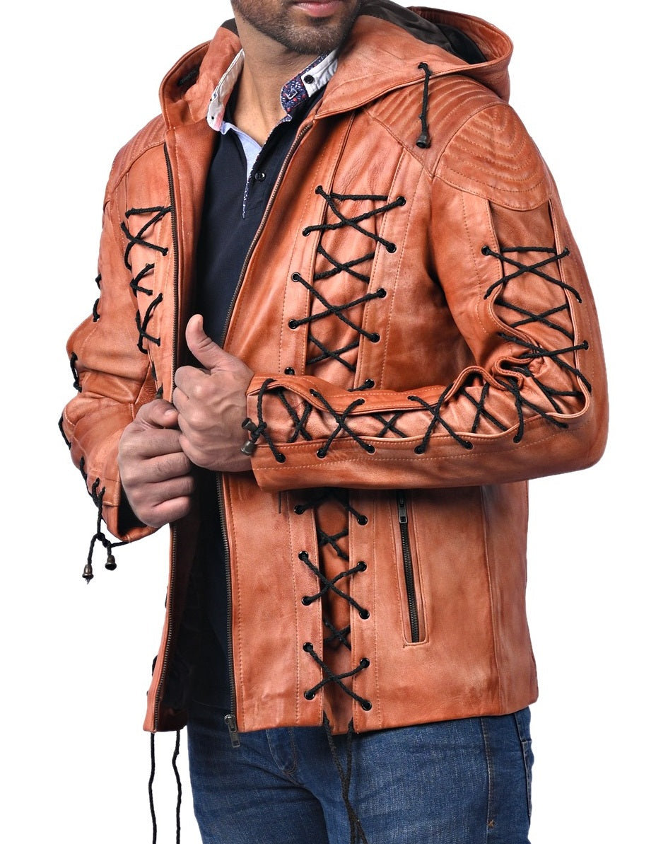 Roy Harper Arrow men’s tan waxed real leather hoodie jacket with front zip closure


