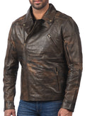 Triple Stitch women’s distressed brown leather jacket with double-breasted front and rugged finish

