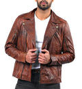 Triple Stitch men’s distressed camel leather jacket with double-breasted front and rugged finish

