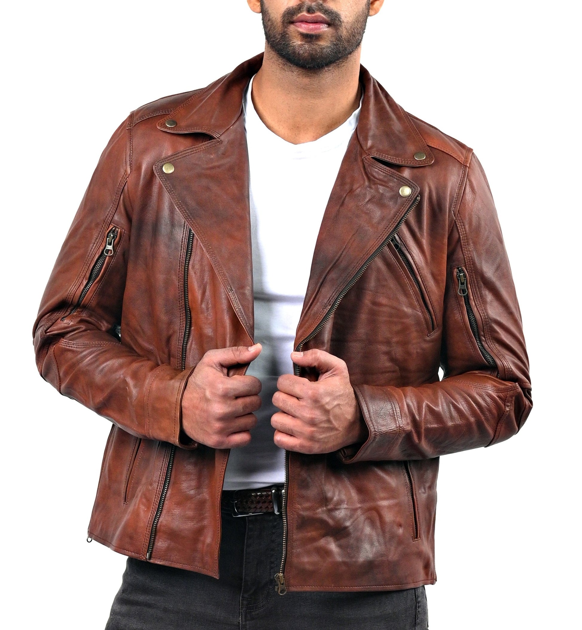 Triple Stitch men’s distressed camel leather jacket with double-breasted front and rugged finish

